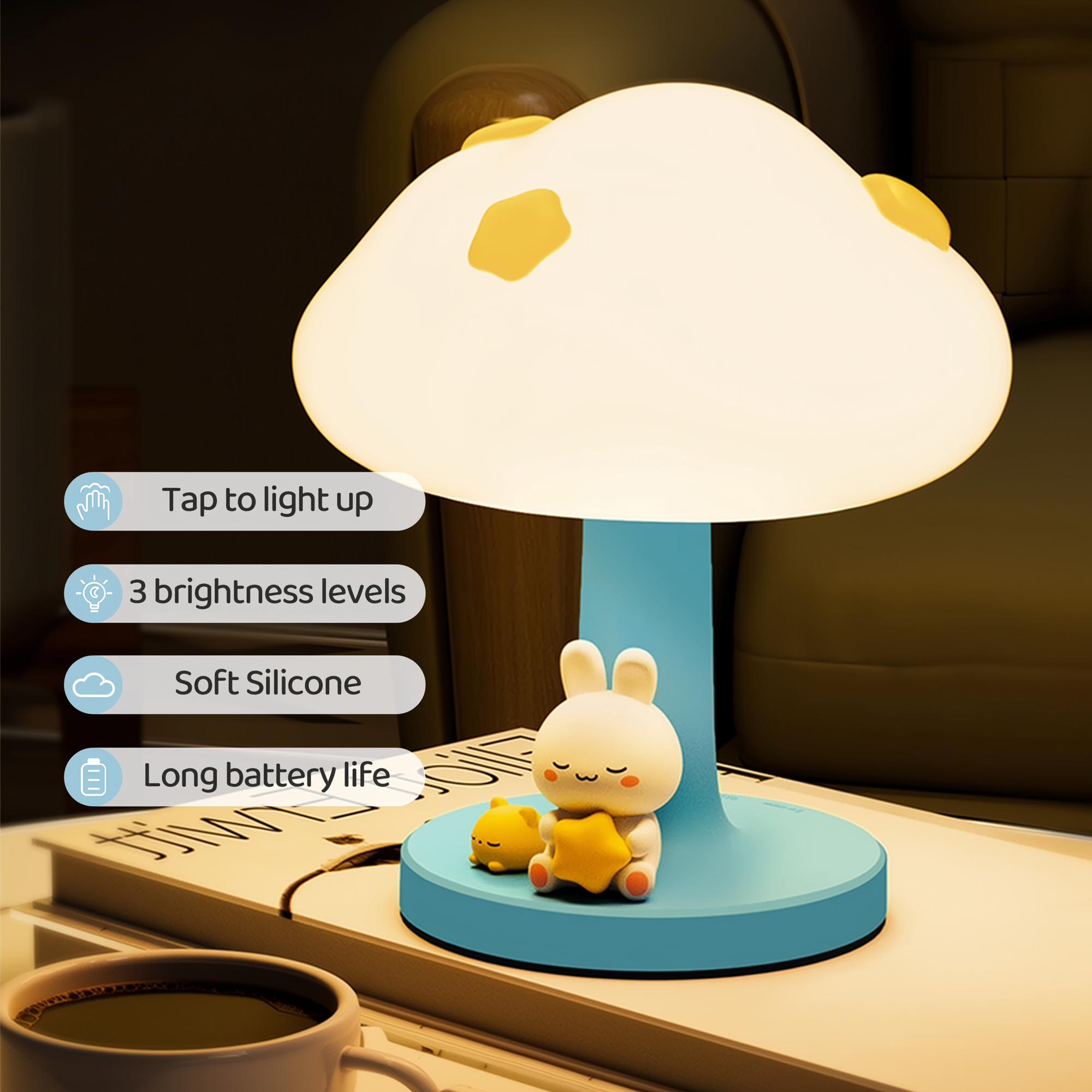 Cozy Cloud Bunny · Rechargeable & Touch-Activated Bedside Lamp